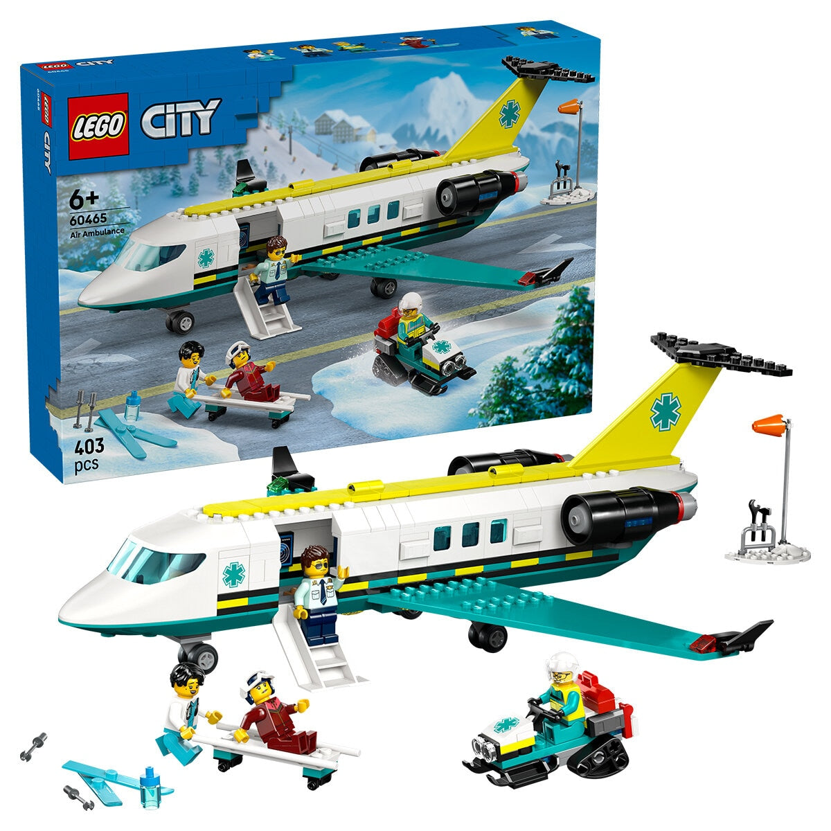 LEGO City Emergency Air Ambulance Airplane 60465 with Fold-Down Boarding Stairs, Onboard Medical Lab, Snow Scooter, Airport Scene, and 4 Minifigures