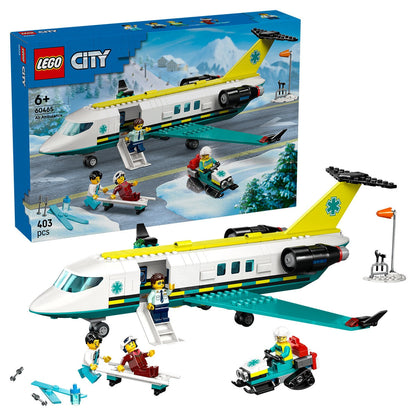 LEGO City Emergency Air Ambulance Airplane 60465 with Fold-Down Boarding Stairs, Onboard Medical Lab, Snow Scooter, Airport Scene, and 4 Minifigures