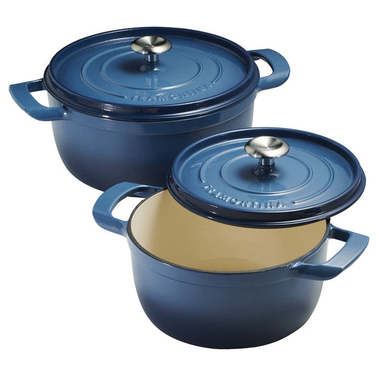 Tramontina Dutch Oven Set 3.7L & 5.6L Denim Blue, Cast Iron, Self-Basting Lid, Stainless Steel Knob