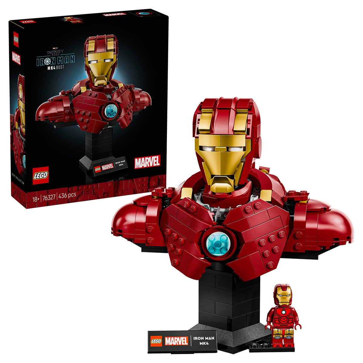 LEGO Marvel Iron Man MK4 Bust 76327 | Collectible Model with 436 Pieces, Adjustable Flaps, Shoulder Cannons, Rotating Head, and Iron Man Minifigure
