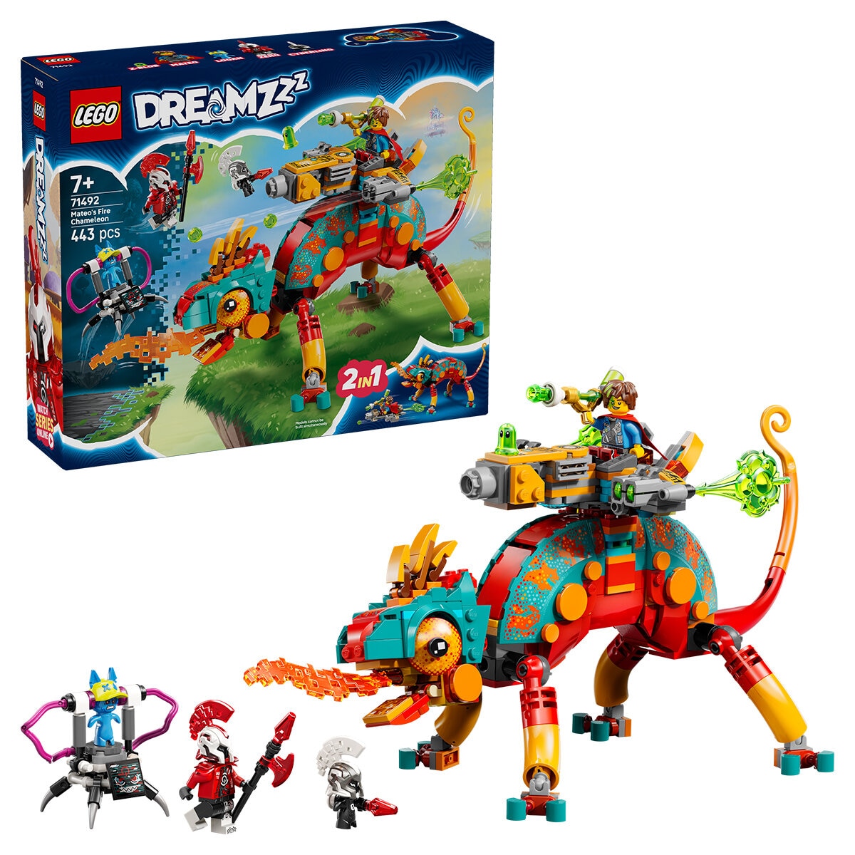 LEGO DREAMZzz Mateo's Fire Chameleon 71492 Building Set | 443 Pieces, Ages 7+ | Transformable Chameleon Toy with Blaster Turret, Jet, Mini Mech - SuperSaverAU - view 1