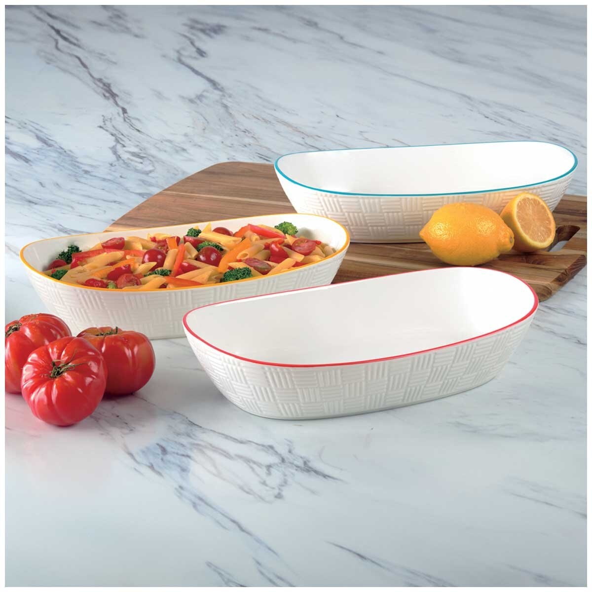 Certified International Porcelain Serving Bowls 3 Piece - Embossed Design, Elegant, Microwave & Dishwasher Safe
