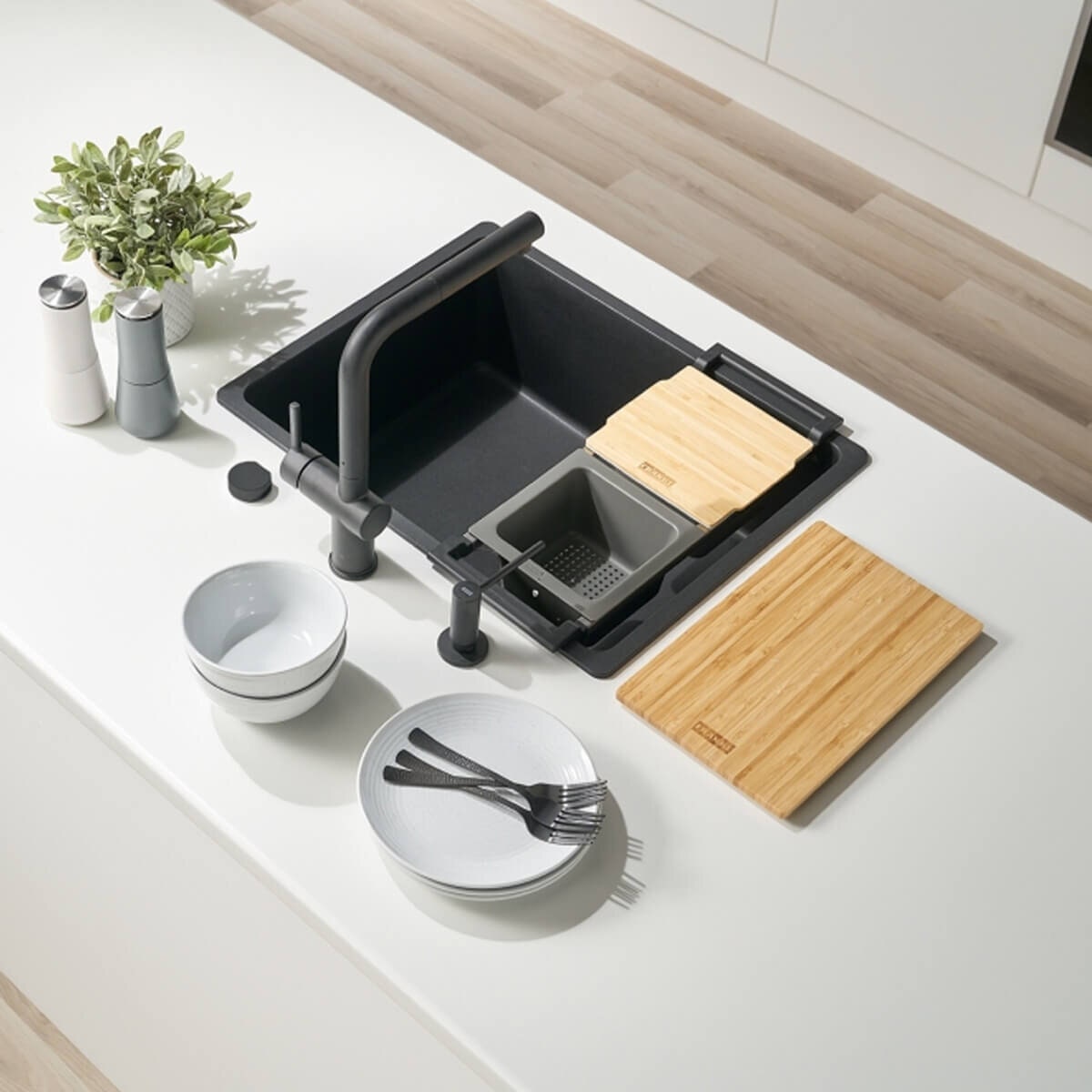 Franke All-In sink accessory set - Telescopic bridge, chopping board, strainer bowl and lid - ALLINPACK1
