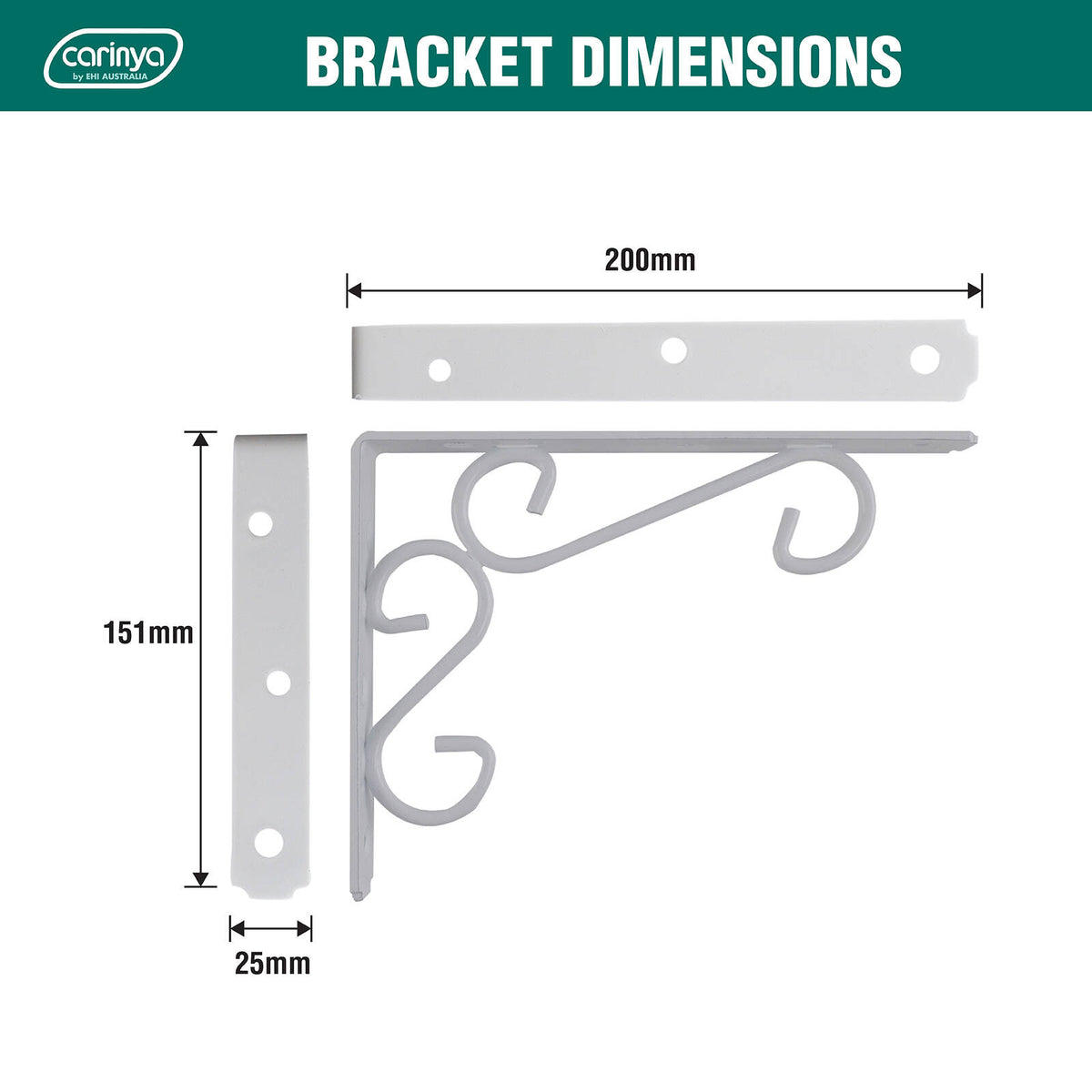 Carinya 200 x 150mm White Powder Coated Steel Heavy Duty Scroll Stay Bracket, 200kg