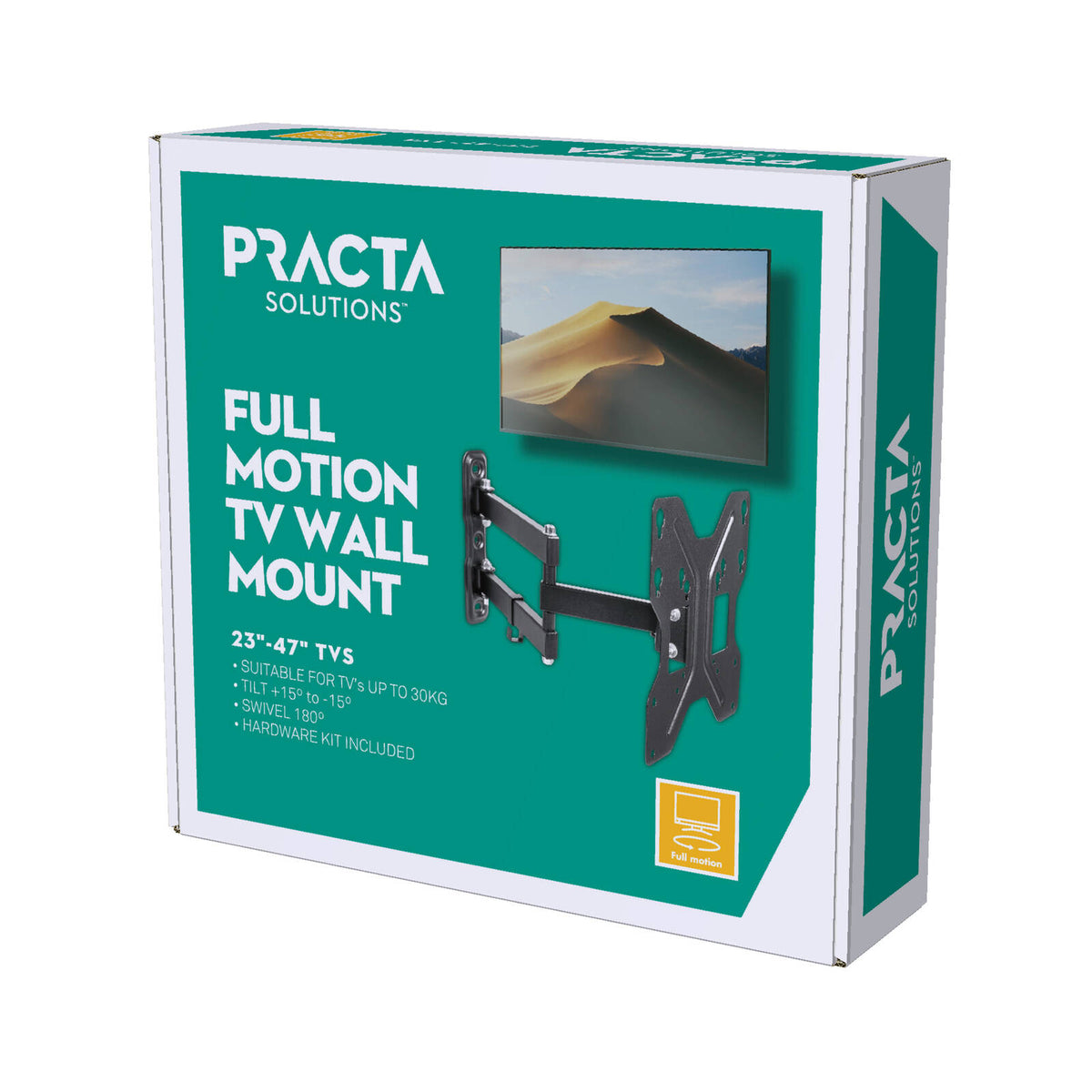 Practa Full Motion TV Wall Mount PRWMFMS 23-47 inch Black Steel, Swivel Tilt, Hardware Included