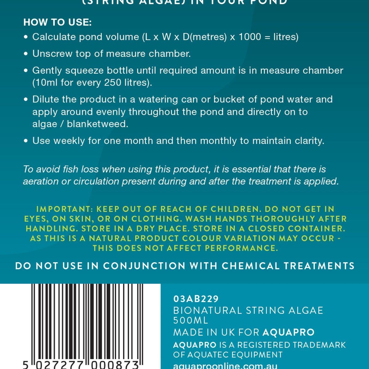 Aquapro Bionatural Barley Straw Solution 500ml Treats String Algae - SuperSaverAU - view 3