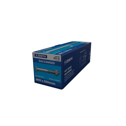 Zenith M10 Hot Dip Galvanised Hex Head Bolts and Nuts 12 Pack - 200mm - Rust Resistant - SuperSaverAU - view 1