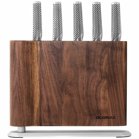 Global Uku Knife Block Set - Cromova 18 Stainless Steel, Walnut Block, Made in Japan - 79657