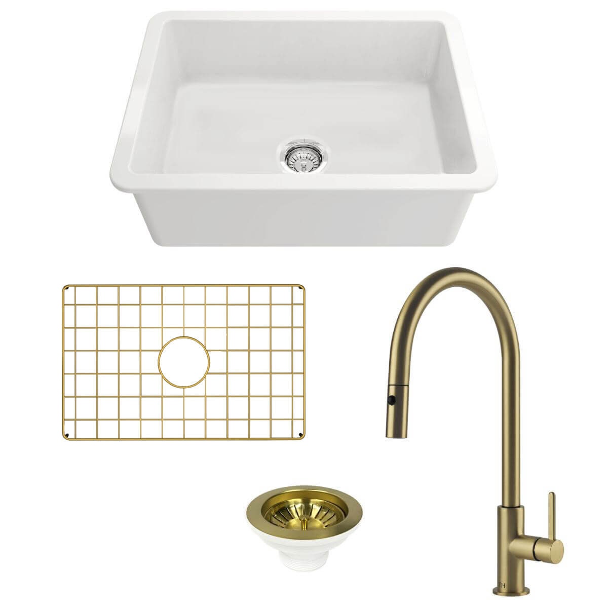 Turner Hastings Cuisine 68 Fireclay Sink Pack - Brushed Brass Naples Pull Out Mixer Tap - PKG039