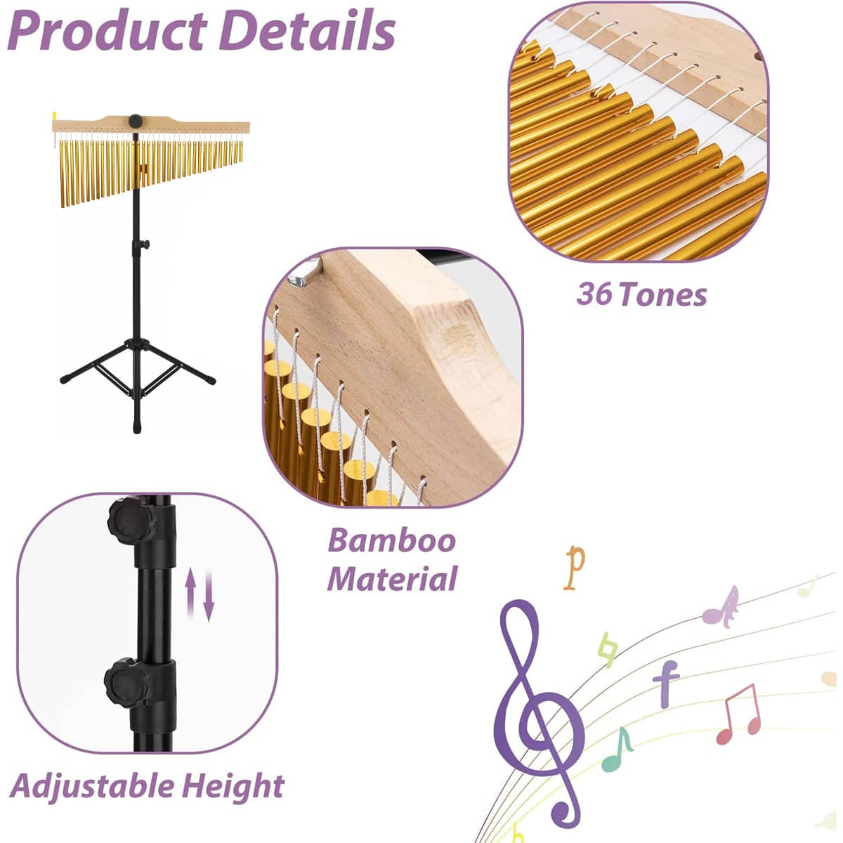 36 Note Wind Chime Musical Instrument, Natural Wood, 58 x 118 cm - view 5