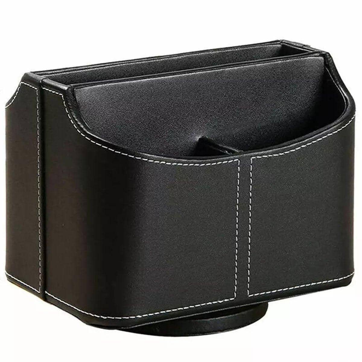 360 Degree Rotating Remote Control Holder, Faux Leather Desk Organiser - Black