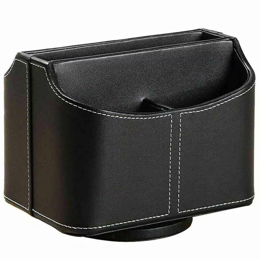 360 Degree Rotating Remote Control Holder, Faux Leather Desk Organiser - Black