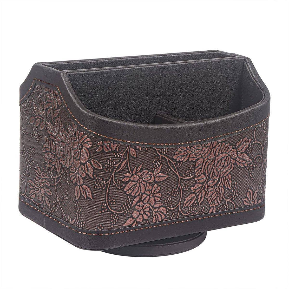 360 Degree Rotating Remote Control Holder, Faux Leather Desk Organiser - Brown