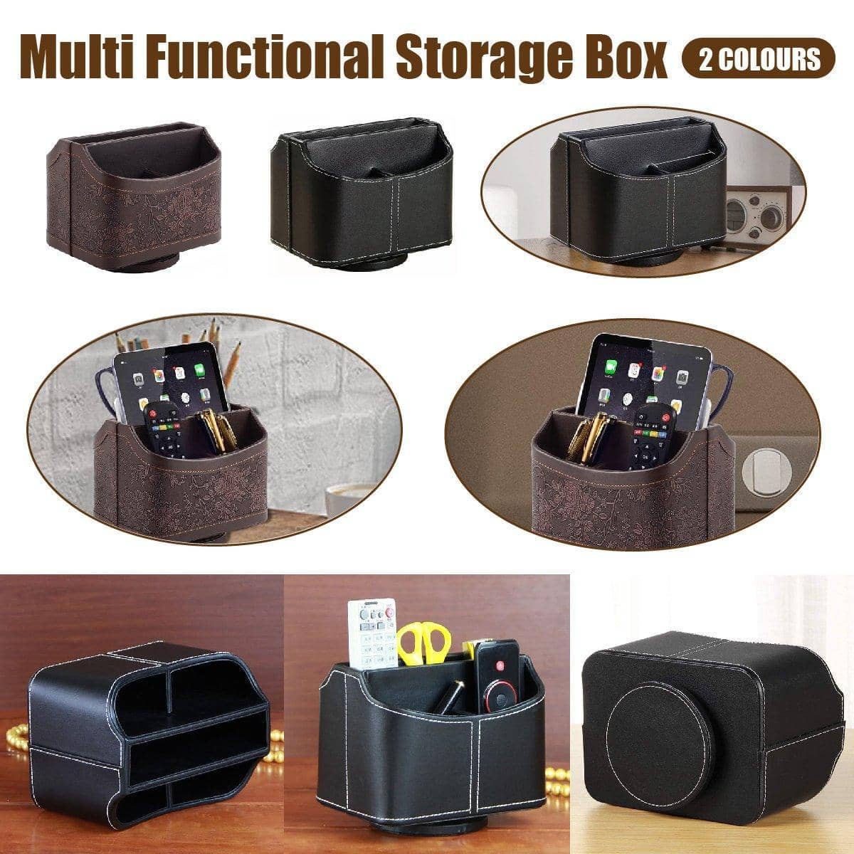 360 Degree Rotating Remote Control Holder, Faux Leather Desk Organiser - Brown - view 2