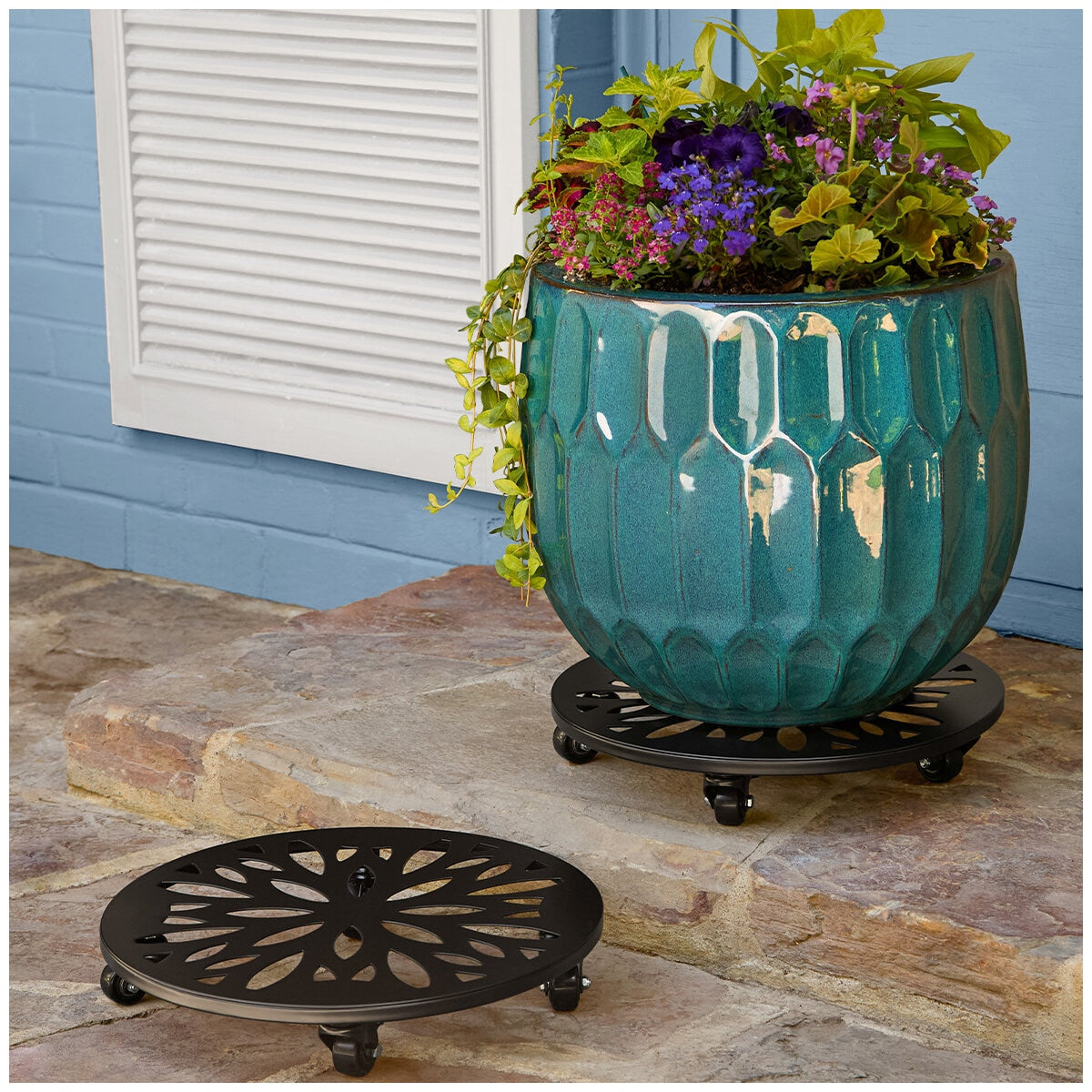 Mullally Steel Caddy Planter Set 2 Piece | 113.4 kg Weight Capacity | UV & Weather Resistant | Smooth Rolling Wheels | Indoor Outdoor Plant Mobility