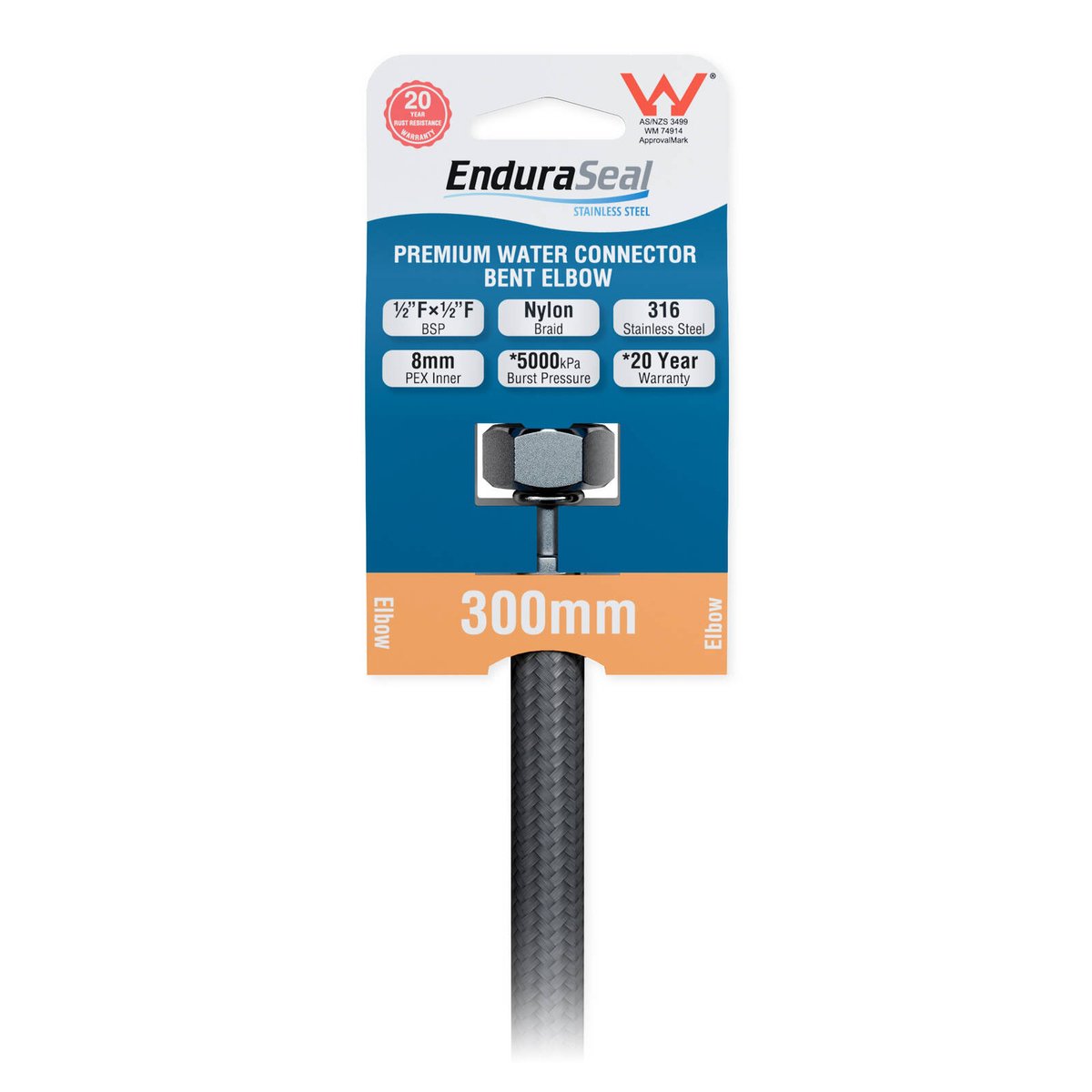 Enduraseal 300mm Stainless Steel Flexible Braided Hose Bent Elbow Connector - Durable Water Connection - 1/2" Female BSP Fittings - SuperSaverAU - view 2