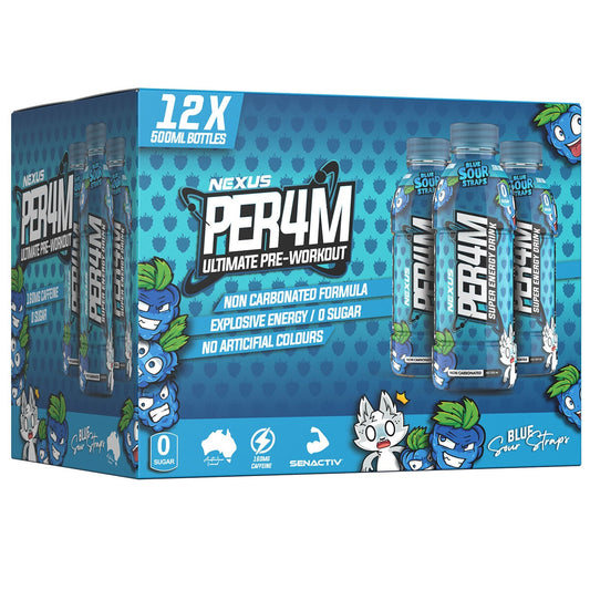 Nexus Sports Nutrition Per4m Pre-Workout Drink Blue Sour Straps 500ml - Caffeine, Senactive, L-Tyrosine, L-Theanine, Beta Alanine