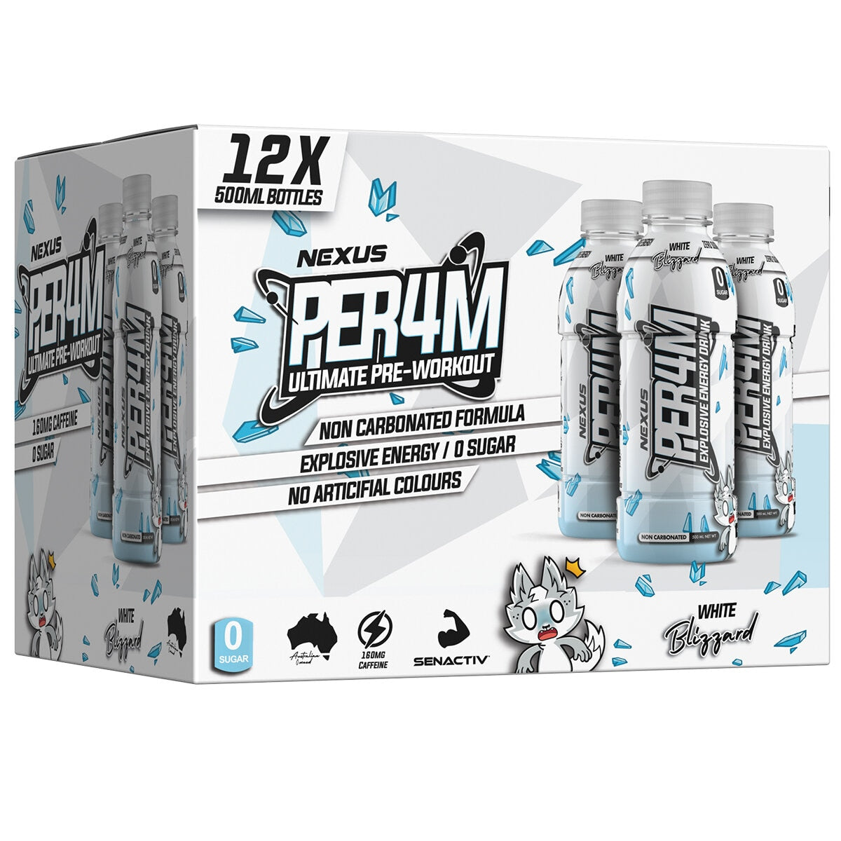 Nexus Sports Nutrition Per4m Pre-Workout Drink 500ml White Blizzard, Zero Sugar, Senactiv, Taurine, Energy, Ready to Drink