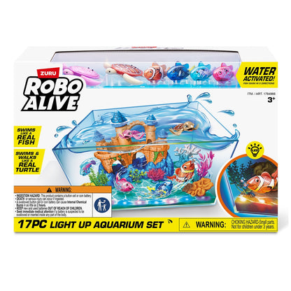 ZURU Robo Alive Light Up Aquarium Set | 3.1 Gallons | Robotic Fish & Turtles | LED Technology | 17-Piece Playset