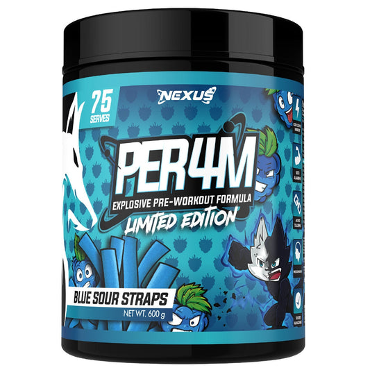 Nexus PER4M Pre-Workout 600g Blue Sour Straps with 17 Advanced Ingredients for Enhanced Strength, Performance, and Energy