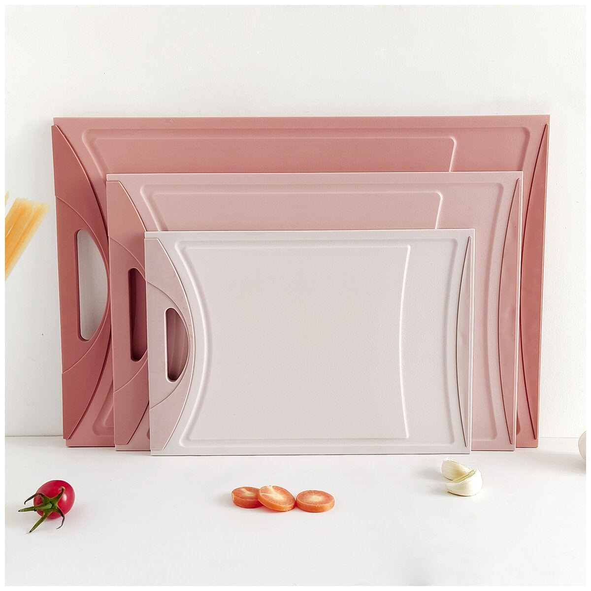 Neoflam 3-Piece Cutting Board Set Rose Pink BPA Free Non-Slip Dishwasher Safe Large Medium Small Sizes Juice Groove Easy Cleaning