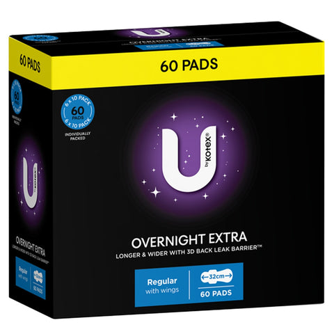 U by Kotex Overnight Extra Pads with Wings, 60 Pack, 32cm, Super Absorbent - SuperSaverAU - view 1