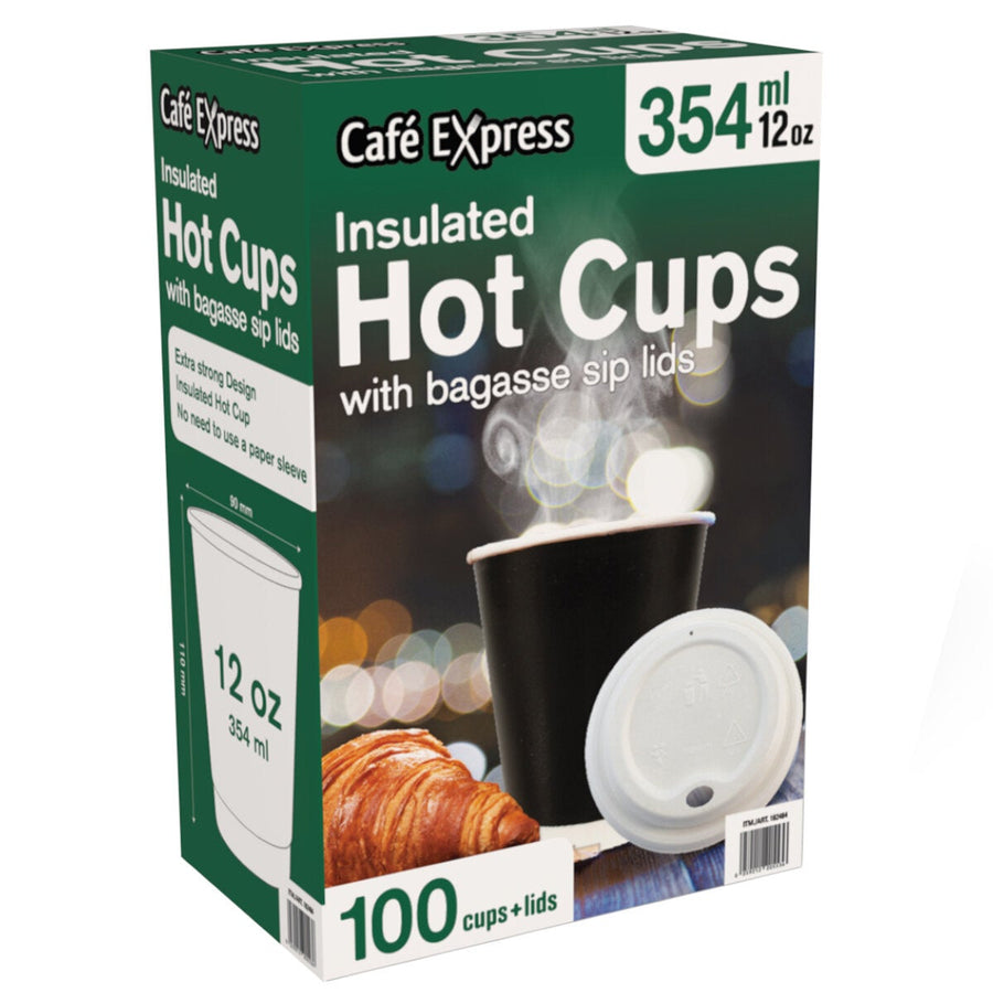 Insulated 354ml Takeaway Coffee Cups with Eco-Friendly Bagasse Lids, Double Wall 100 Count by Cafe Express