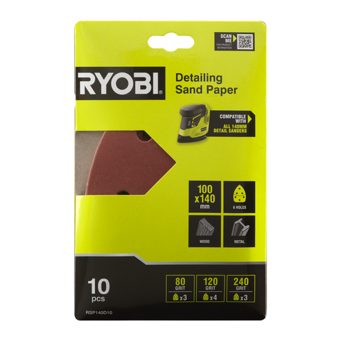 Ryobi 100 x 140mm 10 Piece Detail Sanding Sheet Set RSP140D10