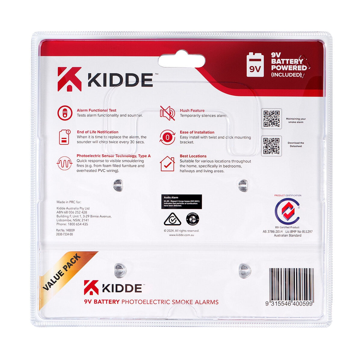 Kidde K501 Smoke Alarm 2 Pack - Photoelectric, 9V Battery, Easy Install, 5-Year Warranty