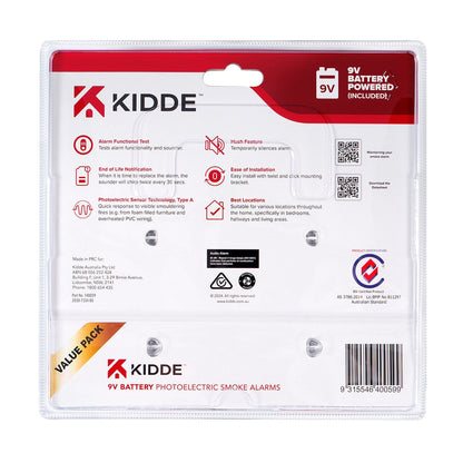 Kidde K501 Smoke Alarm 2 Pack - Photoelectric, 9V Battery, Easy Install, 5-Year Warranty