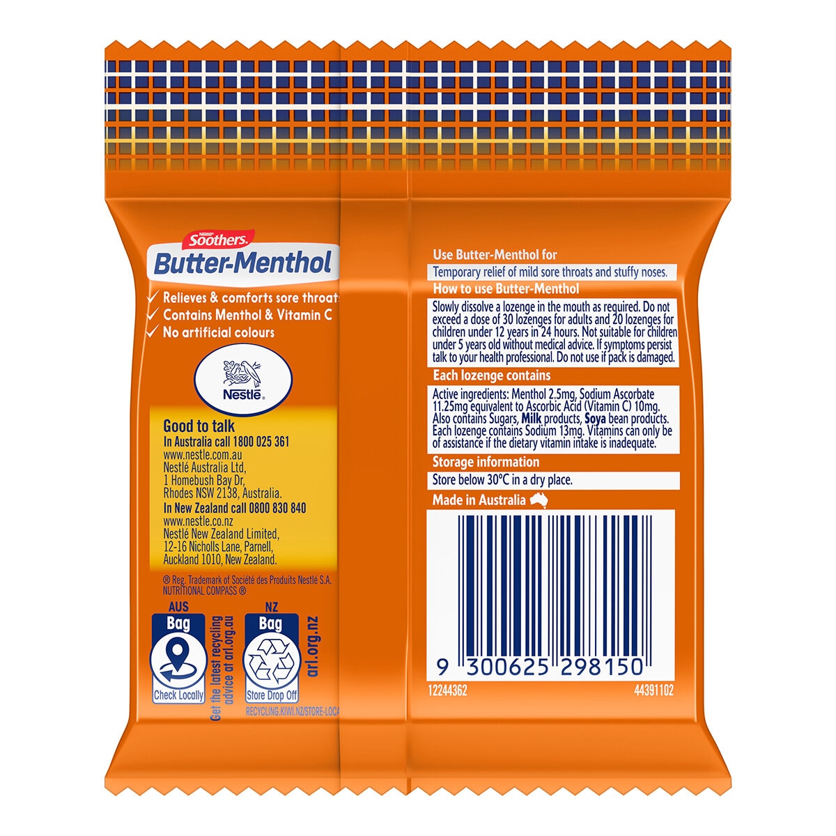 Soothers Butter Menthol Lozenges 9x30 Pack, Vitamin C, Model 12244366, Made in Australia
