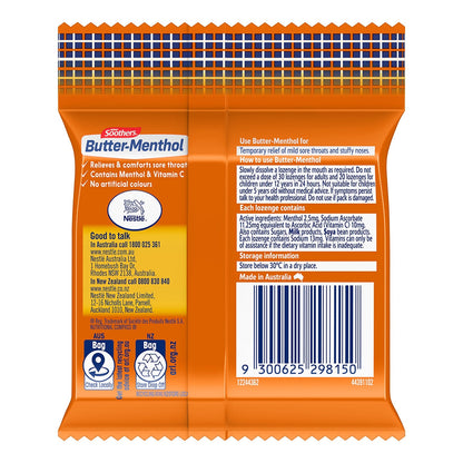 Soothers Butter Menthol Lozenges 9x30 Pack, Vitamin C, Model 12244366, Made in Australia