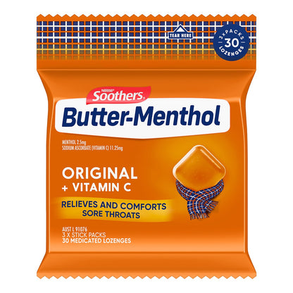 Soothers Butter Menthol Lozenges 9x30 Pack, Vitamin C, Model 12244366, Made in Australia