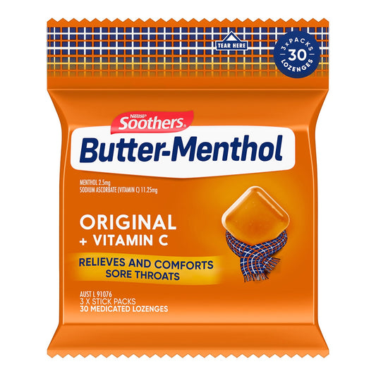 Soothers Butter Menthol Lozenges 9x30 Pack, Vitamin C, Model 12244366, Made in Australia