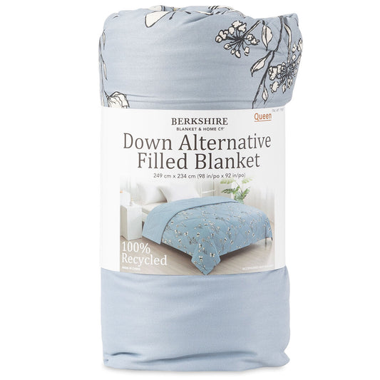 Berkshire Down Alternative Blanket Queen - Reversible Blue/White Floral, Eco-Friendly