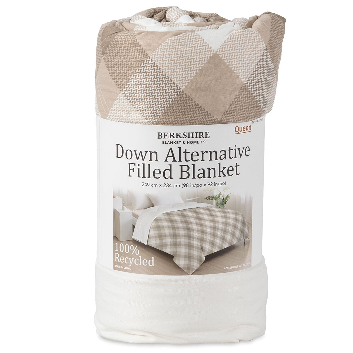 Berkshire Down Alternative Blanket Queen - Reversible, Recycled Polyester, Neutral Check