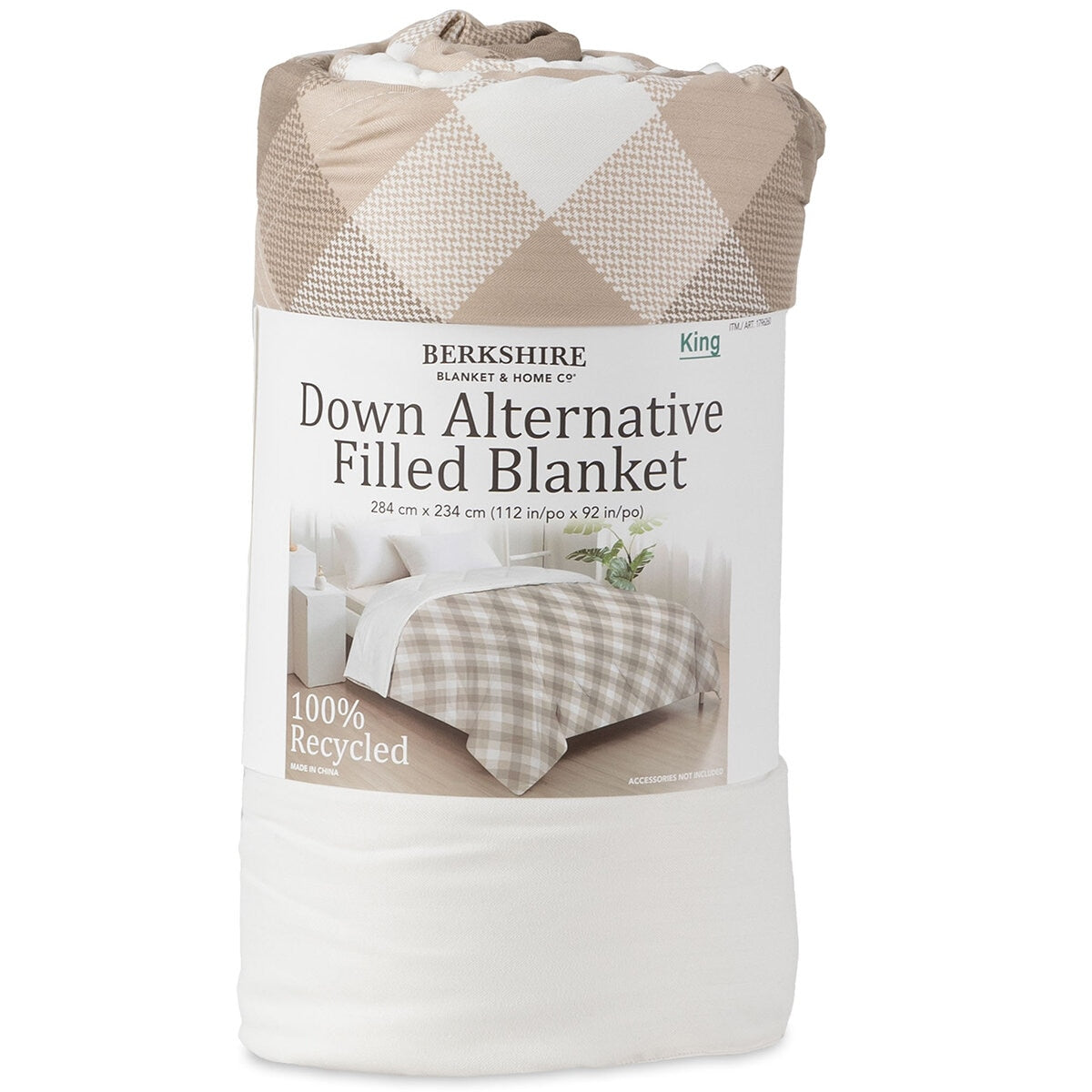 Berkshire Down Alternative King Blanket, Reversible Neutral Check, 100% Recycled Polyester