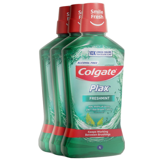 Colgate Plax Freshmint Mouthwash 3x1L, Alcohol-Free, 24hr Breath Control, Plaque Protection