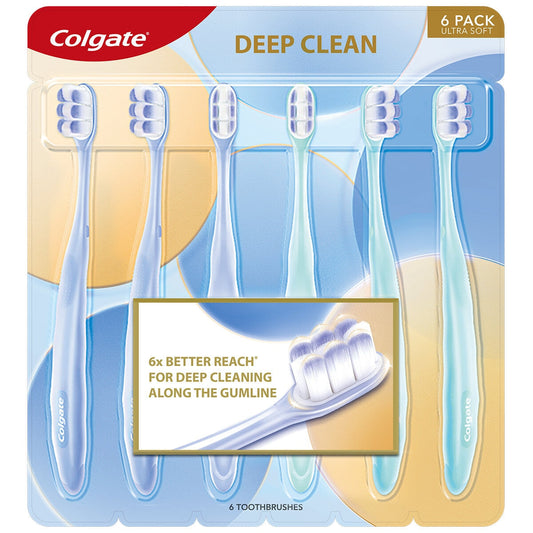 Colgate Deep Clean Manual Toothbrush 6 Pack - 6,000 Tapered Bristles, Ergonomic Handle