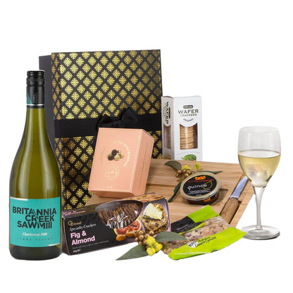 Interhampers Chardonnay Gift Box BRO1225 - Cheese Board, Wine, Crackers, Nuts, Chocolate