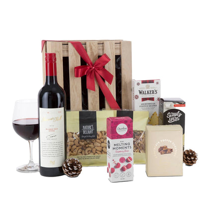 Interhampers Red Wine & Nibbles Gift Box Hamper BRO925 - Shiraz, Snacks, Wooden Crate