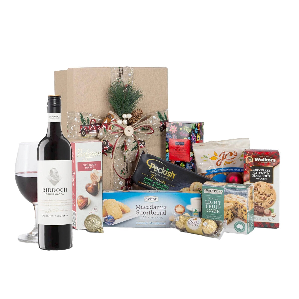 Interhampers Red Christmas Gift Box Hamper BRO1425 - Wine, Chocolates, Gourmet Snacks, 3.15kg