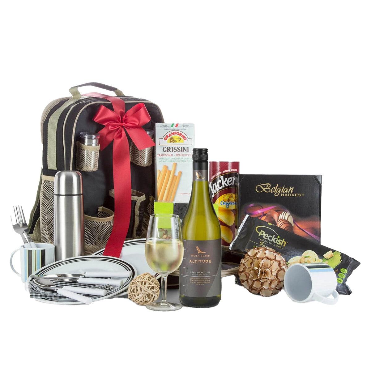 Interhampers Picnic Time Gift Hamper BRO1825 - Backpack Set with Chardonnay & Gourmet Snacks