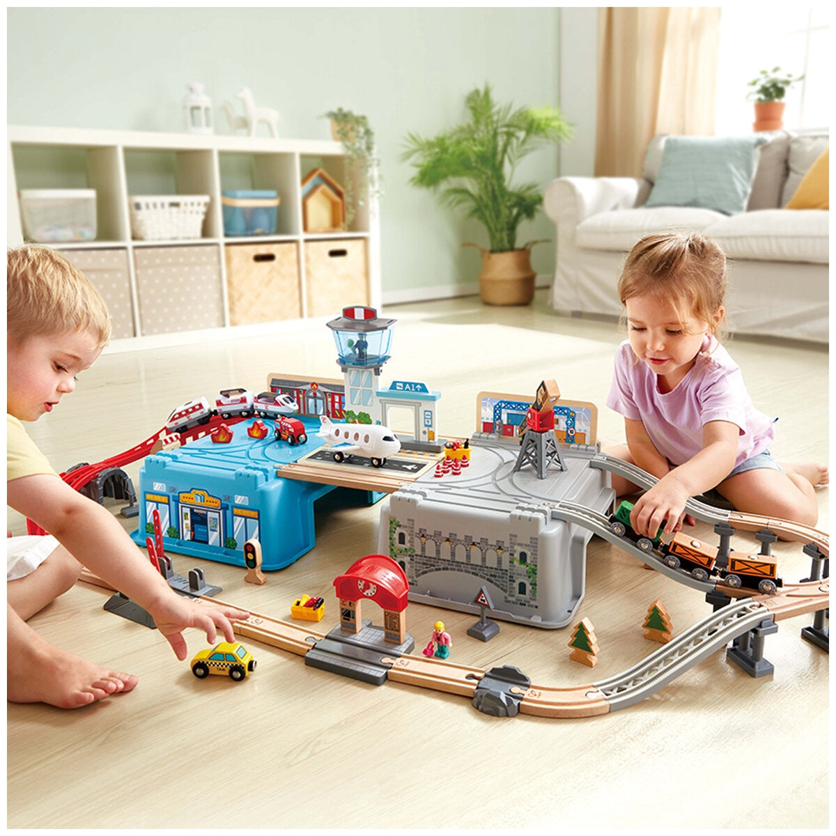 Hape Super Cityscape Transport Set E3773 - 80-Piece Railway with Battery Engine & Accessories - SuperSaverAU - view 1
