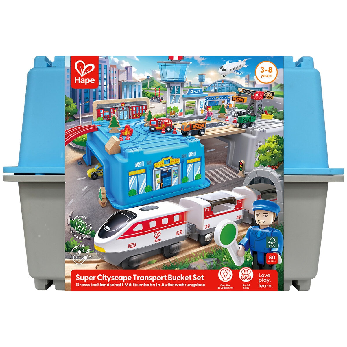 Hape Super Cityscape Transport Set E3773 - 80-Piece Railway with Battery Engine & Accessories