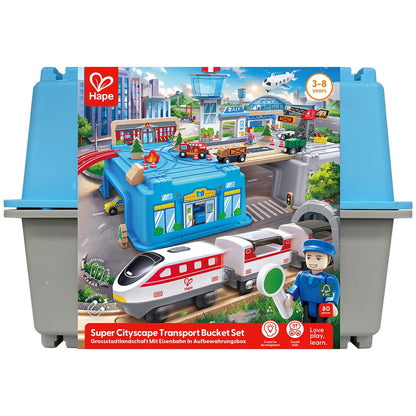 Hape Super Cityscape Transport Set E3773 - 80-Piece Railway with Battery Engine & Accessories