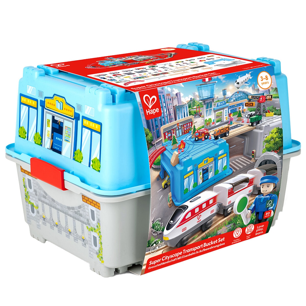 Hape Super Cityscape Transport Set E3773 - 80-Piece Railway with Battery Engine & Accessories