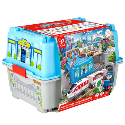 Hape Super Cityscape Transport Set E3773 - 80-Piece Railway with Battery Engine & Accessories