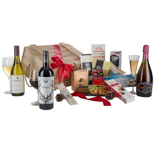 Interhampers Party Starter Gift Hamper BRO3425 - Gourmet Treats & Wines in Wooden Crate