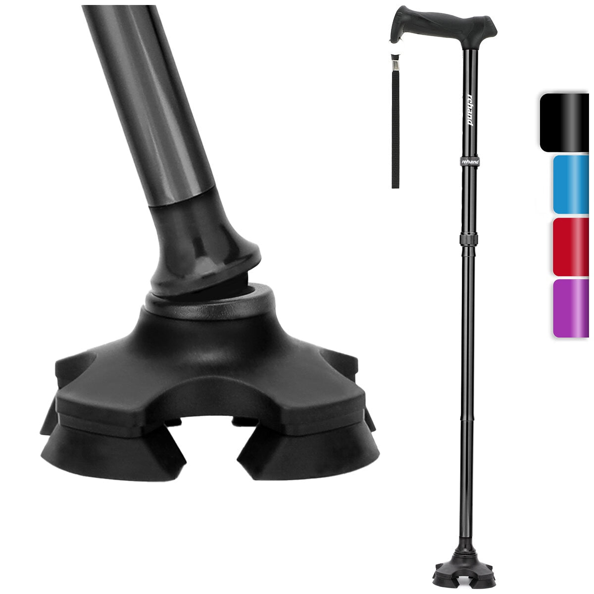 Rehand M-Quad Black Walking Stick RH1611 - Adjustable, Foldable, All-Terrain, 158kg Capacity